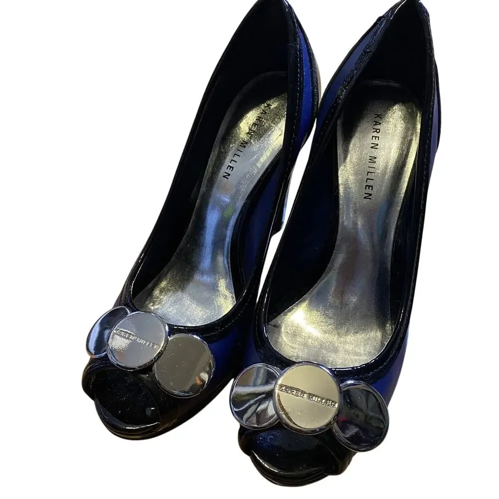 Karen Millen Heels EU Size 37 Blue Black Patent Leather Platform Peep Toe Heels